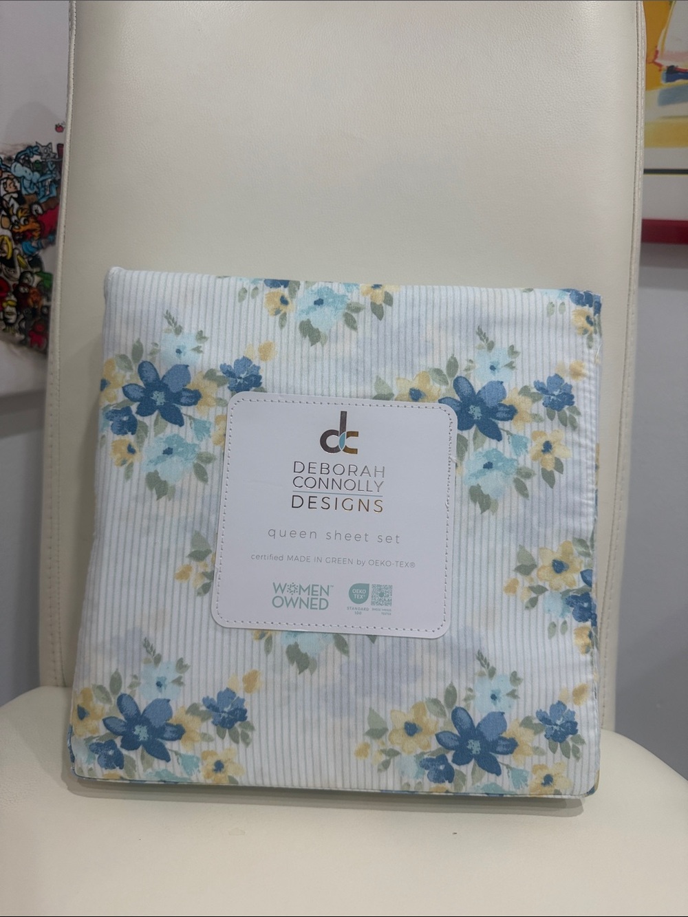Deborah Connolly White/Blue/Yellow Floral /Stripes Queen Sheet Set